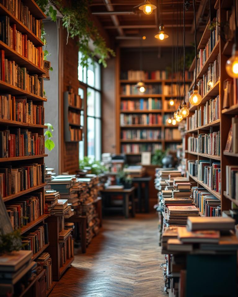 Rows of curated books on warm wooden shelves